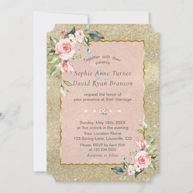 Invitación Boda Purpurina de lujo Rubor Pink Flowers Gold (Anverso)