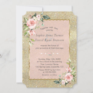 Invitación Boda Purpurina de lujo Rubor Pink Flowers Gold