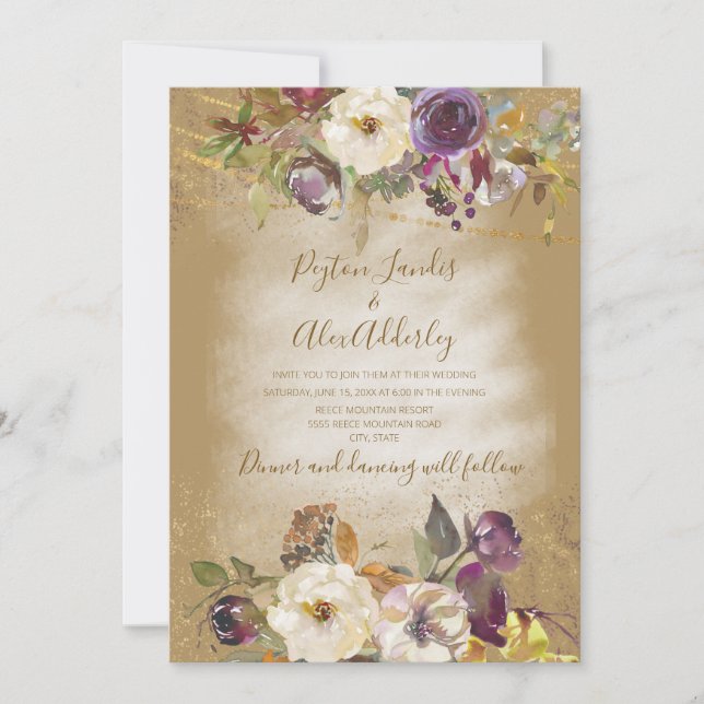 Invitación Boda Purpurina de marfil marrón morado (Anverso)