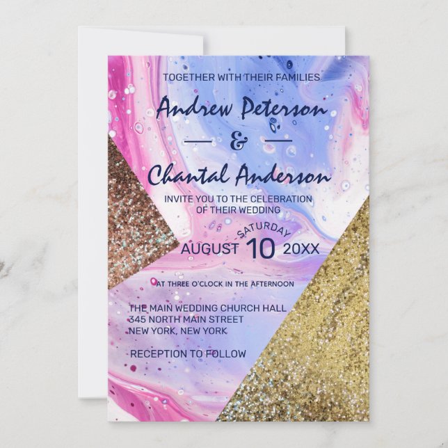 Invitación Boda Purpurina de mármol líquido azul de Aqua rosa (Anverso)