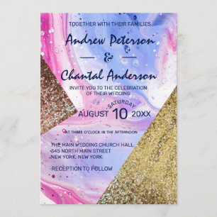 Invitación Boda Purpurina de mármol líquido azul de Aqua rosa