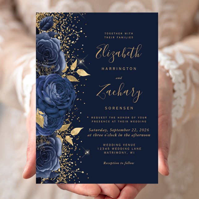 Invitación Boda Purpurina de oro azul de la Marina Floral (Subido por el creador)