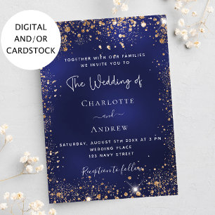 Invitación Boda purpurina de oro azul marino