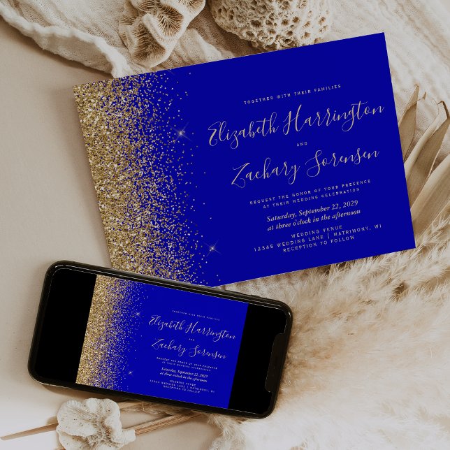 Invitación Boda Purpurina de oro azul real moderno (Subido por el creador)