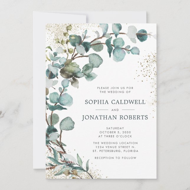Invitación Boda Purpurina de oro de Eucalyptus All in One (Anverso)