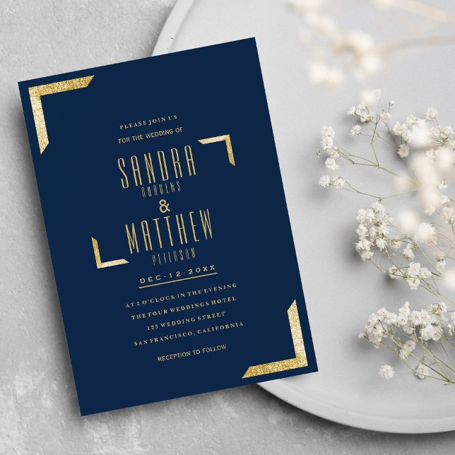 Invitación Boda purpurina de oro de glam azul marino minimali (Minimalist navy blue glam gold glitter Wedding)