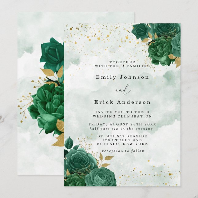Invitación Boda Purpurina de oro de Peony Green Emerald (Anverso / Reverso)