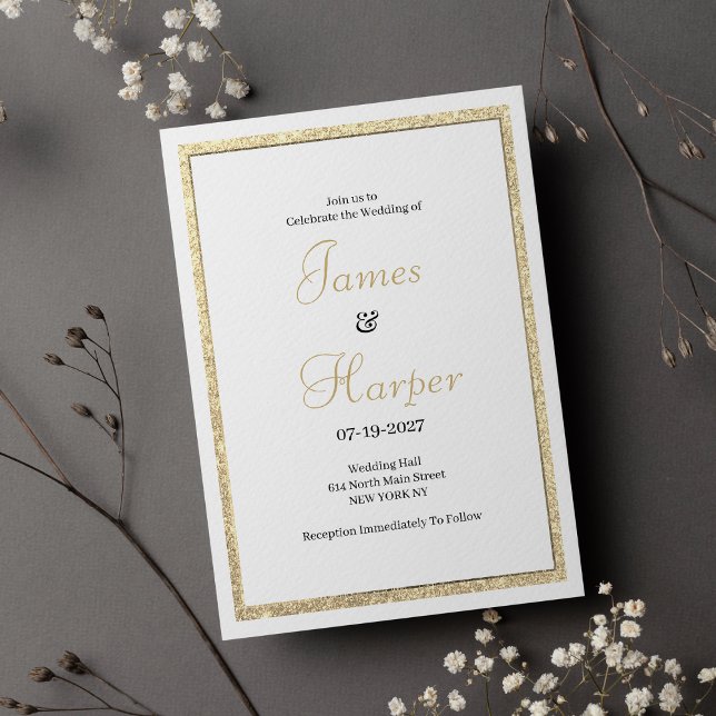 Invitación Boda purpurina de oro elegante y blanco de lujo (Luxury white elegant gold glitter Wedding)