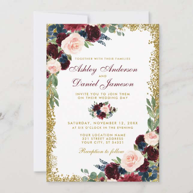 Invitación Boda Purpurina    de oro floral azul borgoña (Anverso)
