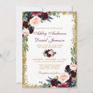 Invitación Boda Purpurina    de oro floral azul borgoña