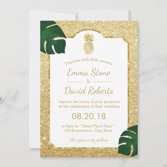 Invitación Boda Purpurina de oro moderno de piña tropical (Anverso)