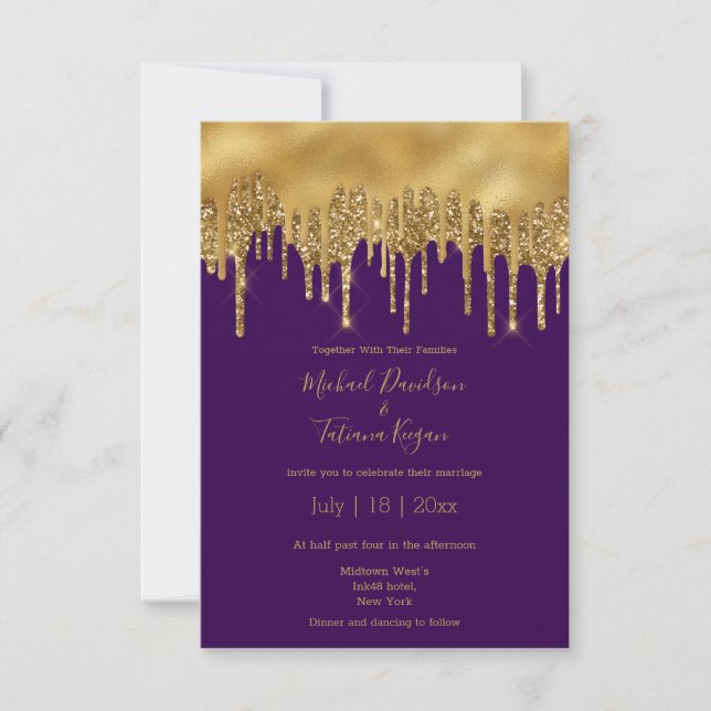 Invitación boda purpurina de oro púrpura de lujo moderno (Anverso)