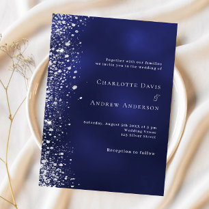 Invitación Boda purpurina de plata azul de la marina