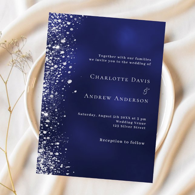 Invitación Boda purpurina de plata azul de la marina (Subido por el creador)