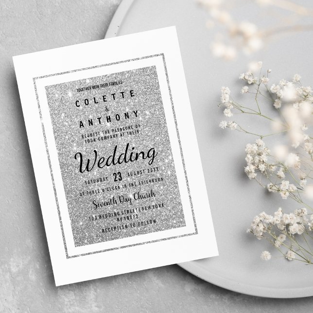 Invitación Boda purpurina de plata blanca elegante y moderna (Modern elegant white silver glitter Wedding )
