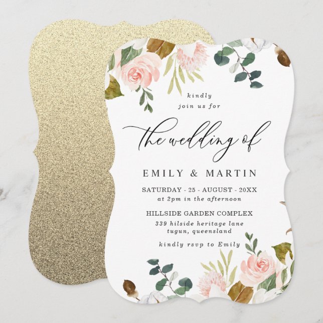 Invitación Boda Purpurina de Rubor y White Floral Gold (Anverso / Reverso)