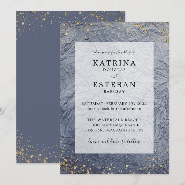 Invitación Boda Purpurina Dusty Blue Gold (Anverso / Reverso)