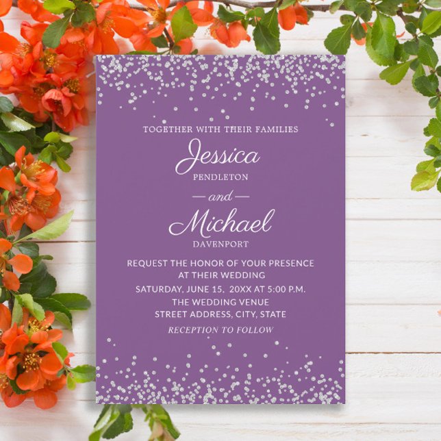 Invitación Boda Purpurina elegante y moderno de color púrpura (Elegant purple wedding invitation with silver glitter)