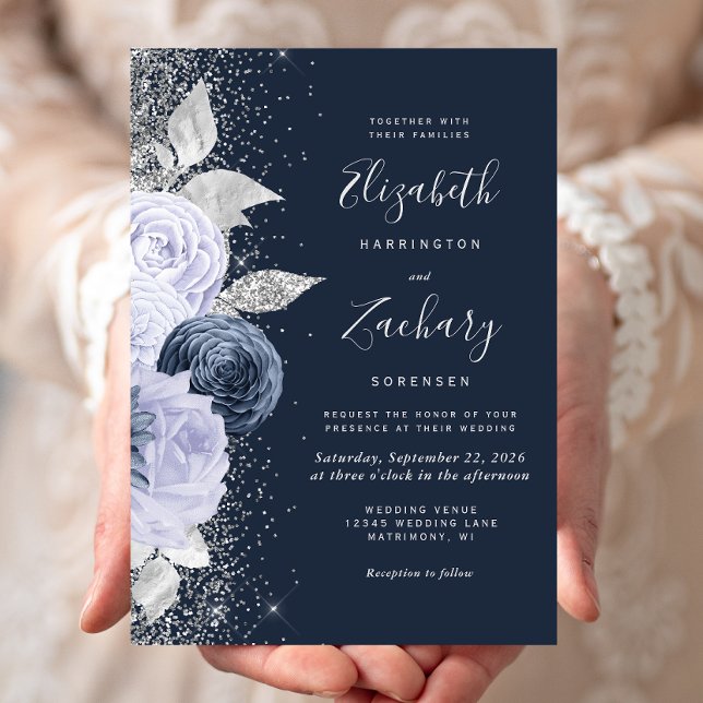 Invitación Boda Purpurina Floral Blue Lilac Silver (Subido por el creador)