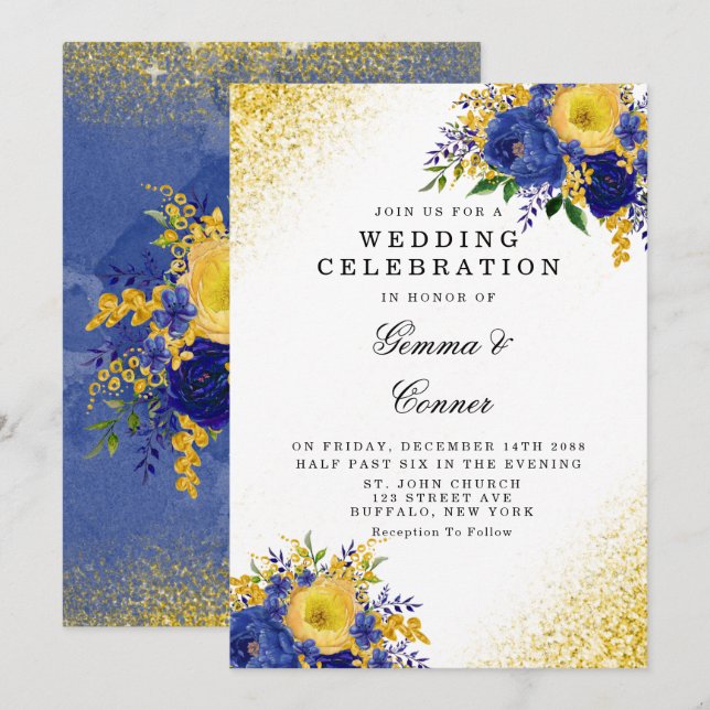 Invitación Boda Purpurina floral dorado amarillo azul de la m (Anverso / Reverso)