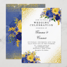 Invitación Boda Purpurina floral dorado amarillo azul de la m