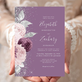 Invitación Boda Purpurina Floral Mauve Rubor Silver