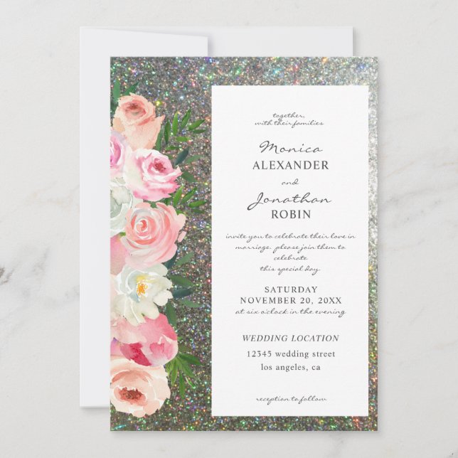 Invitación Boda Purpurina floral rosa y gris de Rubor (Anverso)