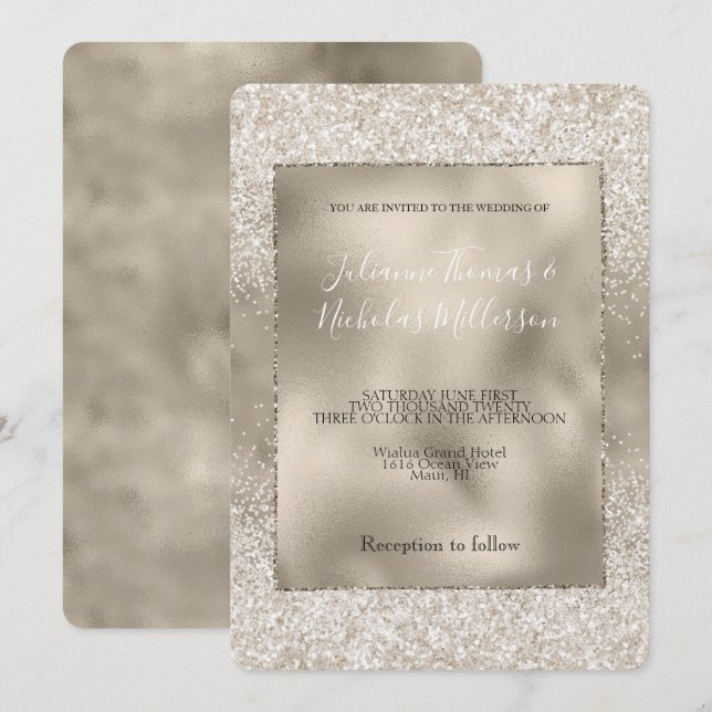 Invitación Boda Purpurina Glitzy White de Champagne Gold (Anverso / Reverso)
