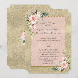 Invitación Boda Purpurina Gold de las flores Rubor rosadas de