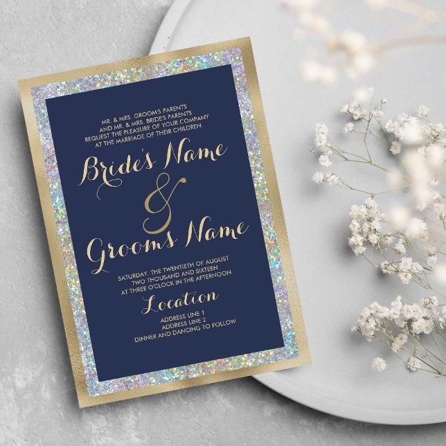 Invitación Boda purpurina holográfico de plata azul marino (Navy blue gold silver holographic glitter Wedding )