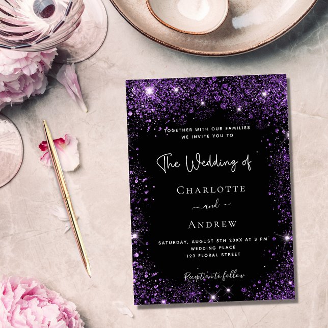 Invitación Boda purpurina morado negro chispeante (Subido por el creador)