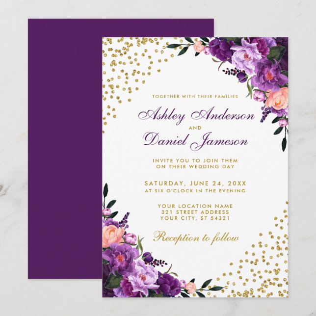 Invitación Boda Purpurina morado ultravioleta floral de oro (Anverso / Reverso)