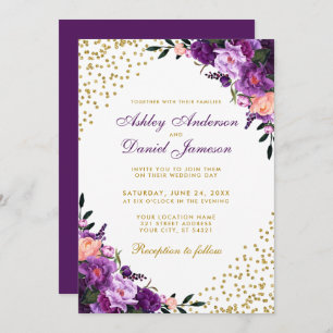 Invitación Boda Purpurina morado ultravioleta floral de oro