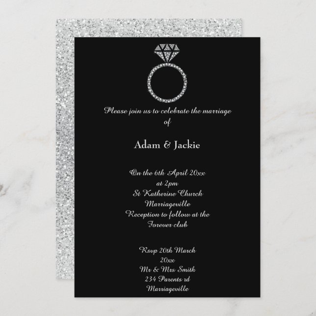 Invitación Boda Purpurina negro de Luxe Diamond Ring (Anverso / Reverso)