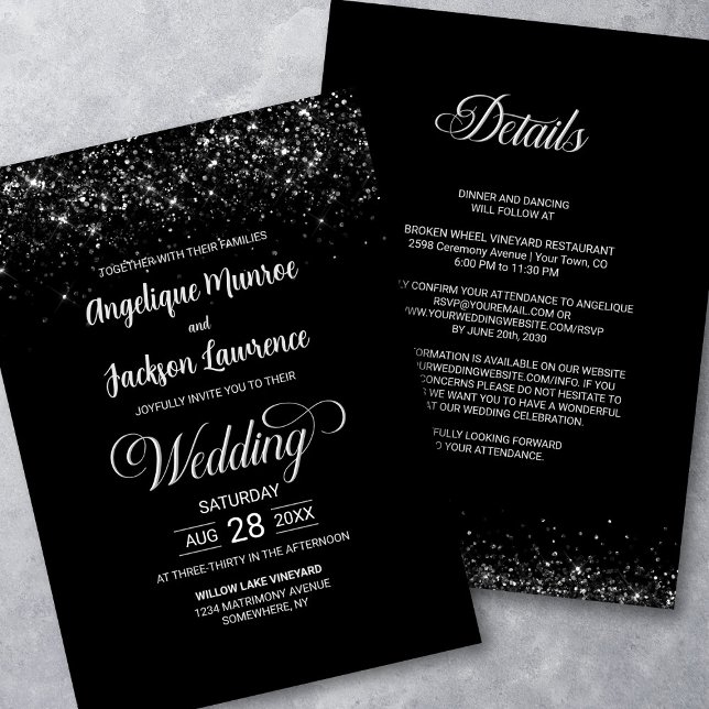 Invitación Boda Purpurina negro todo en uno (Subido por el creador)