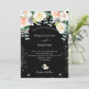 Invitación Boda purpurina plateado de flores blancas negras