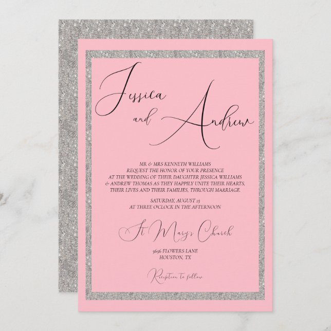 Invitación Boda Purpurina rosado y plateado romántico (Anverso / Reverso)