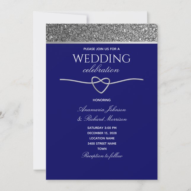 Invitación Boda purpurina Silver Blue (Anverso)