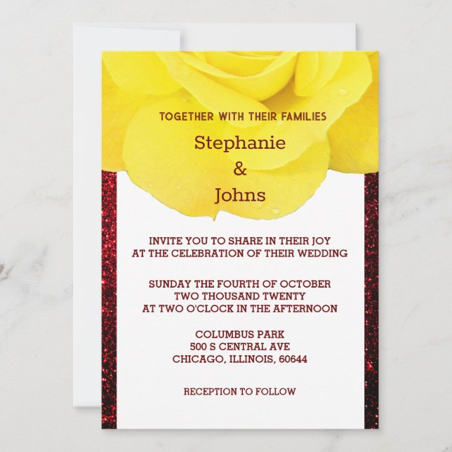 Invitación Boda Purpurinoso amarilla floral borgoña roja (Anverso)