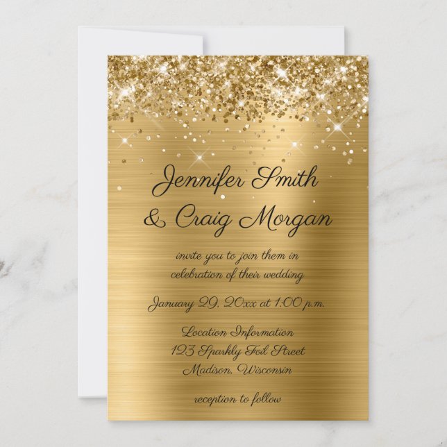 Invitación Boda Purpurinoso de Relieve metalizado dorado (Anverso)