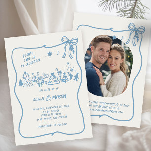 Invitación Boda QR azul de invierno con marco de dibujo manua