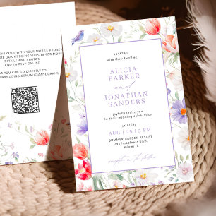 Invitación Boda QR boho flor silvestre lavanda todo en uno