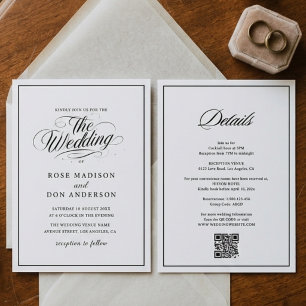 Invitación Boda QR Clásica Frontera Caligrafía Blanco Negro
