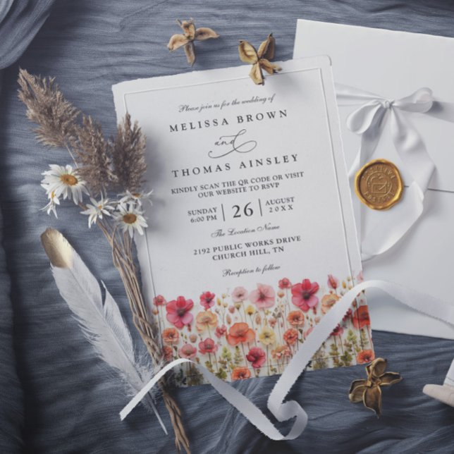 Invitación Boda QR Code de flores silvestres boho rosa pastel (Subido por el creador)