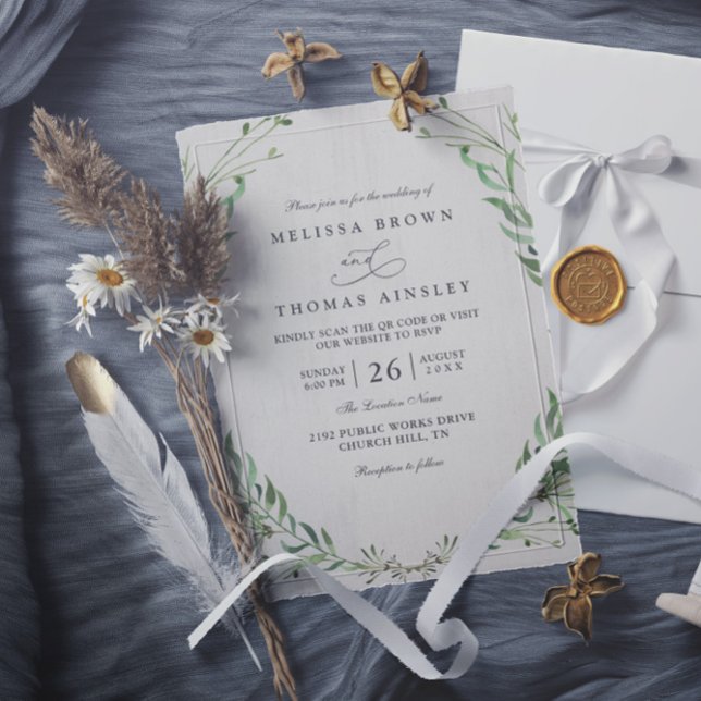Invitación Boda QR Code elegante rústica con vegetación natur (Subido por el creador)