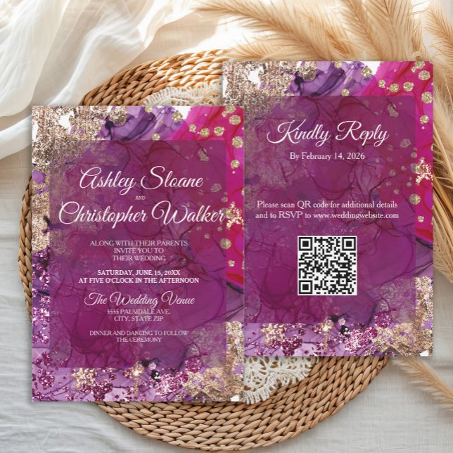 Invitación Boda QR code Moderno Magenta Ciruela Dorado (Elegant and modern magenta, purple and gold glittery wedding invitation with QR code)