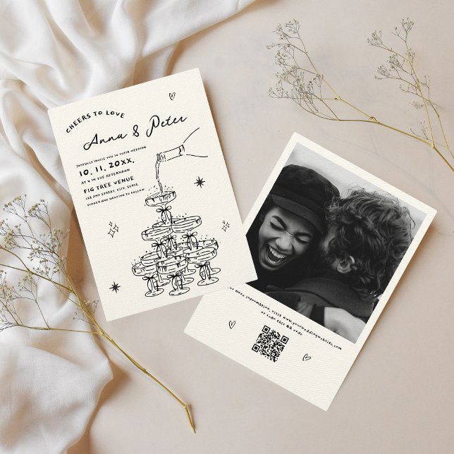 Invitación Boda QR de la Torre de Champagne ilustrado a mano (All-in-one wedding invitation, hand-written with Photo and QR code)