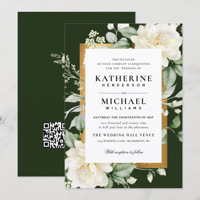 Invitación Boda QR de Marco de Rosa de Eucalipto Profundo Mar (Anverso / Reverso)