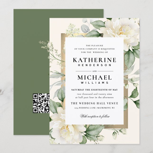 Invitación Boda QR de Rosa de Eucalipto Profundo con Marco de (Anverso / Reverso)