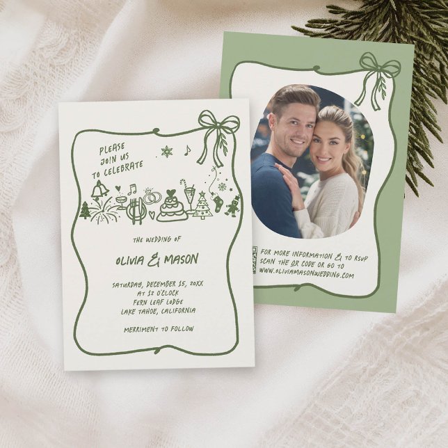 Invitación Boda QR del armazón del marco del carpintero dibuj (HAND DRAWN winter wedding squiggle frame bow doodle illustration sage green qr code)